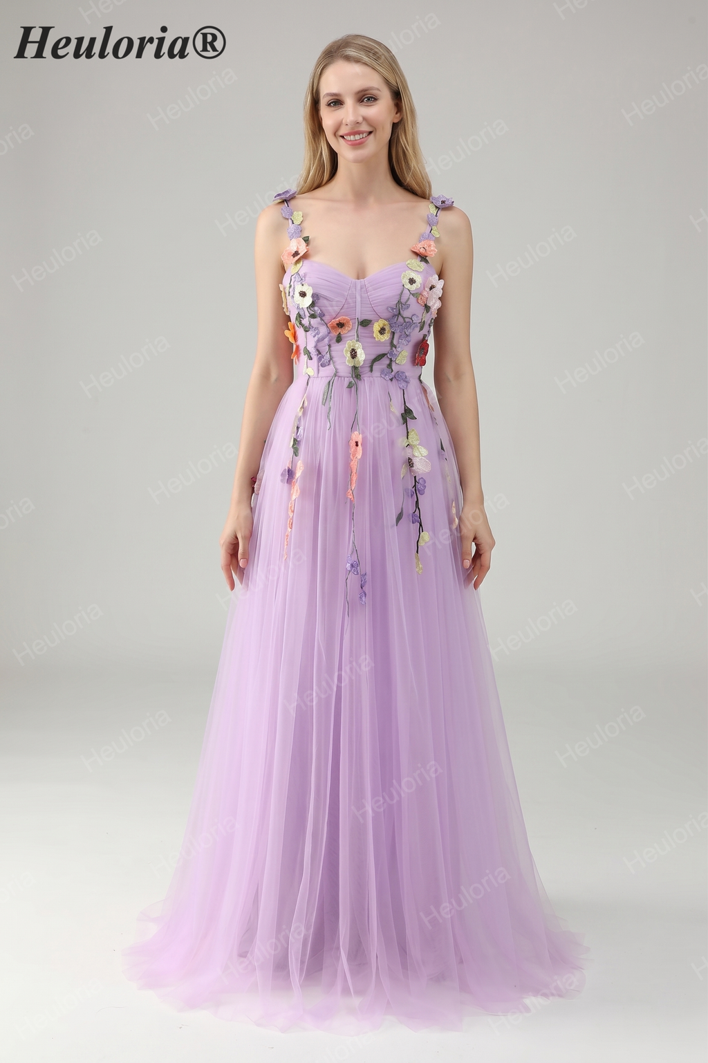 Heuloria Enchanted Garden 3D Floral Appliqué Tulle Prom Dress - Whimsical A-Line Formal Gown ED-585