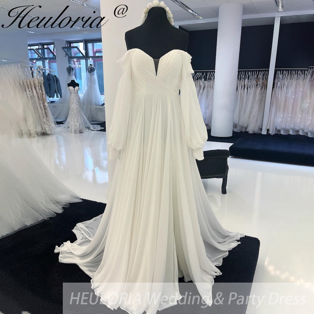 HEULORIA Off the Shoulder Chiffon Split Boho A Line Wedding Dress Long Puff Sleeve Appliques Beach Robe Vestido Civil AL-958 Main image