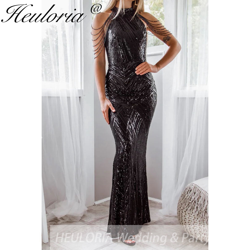 sparky sequin mermaid evening dress halter with beading tassel formal prom dress