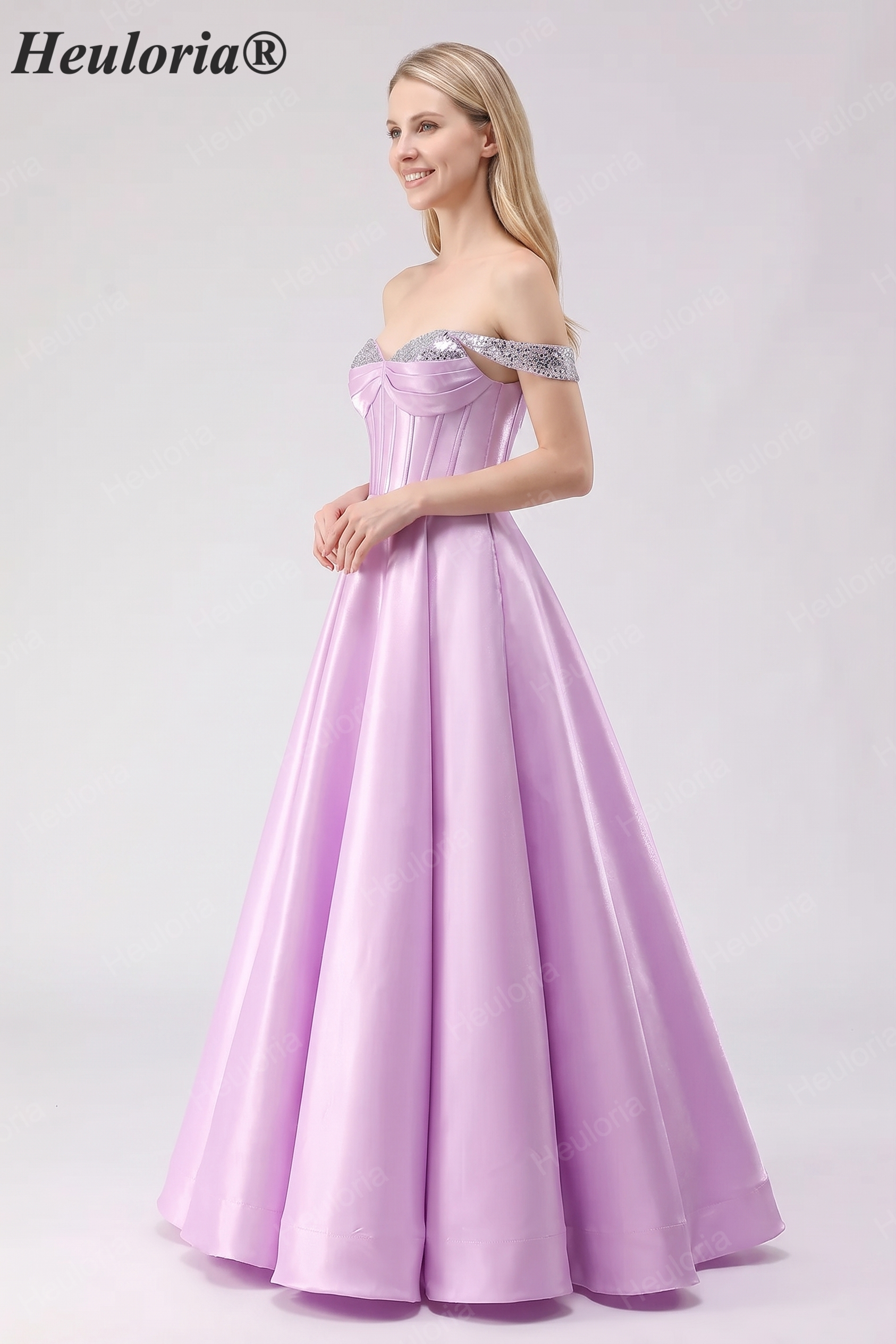 HEULORIA Elegant Lavender Off-The-Shoulder Satin Prom Dress with Sequin Trim and Corset Bodice A-Line Evening Gown ED-500