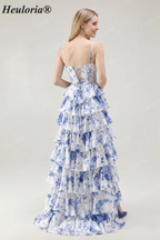Heuloria Blue & White Floral Tiered Ruffle Maxi Dress - Elegant Spaghetti Strap Corset Prom Gown with Lace-Up Back ED-352