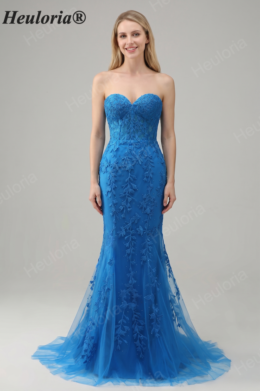 HEULORIA Elegant Strapless Sweetheart Floral Lace Mermaid Evening Gown with Corset Back ED-367 Imagen principal del producto