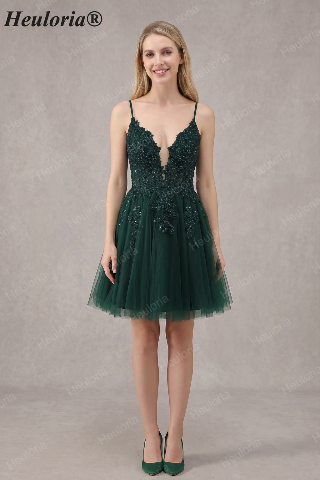 HEULORIA Heuloria Short A-Line Tulle Homecoming Dress with Beaded Lace and Illusion V-Neck ED-343