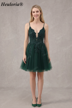 HEULORIA Heuloria Short A-Line Tulle Homecoming Dress with Beaded Lace and Illusion V-Neck ED-343