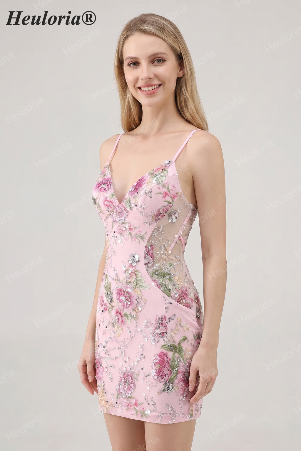 HEULORIA Floral Embroidered Sequin Bodycon Mini Dress with Sheer Mesh Cut-outs and Lace-Up Back ED-597