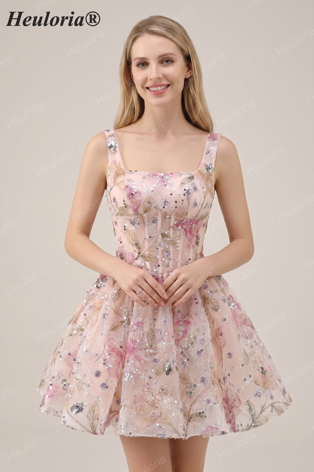 HEULORIA Sparkly Floral Embroidered Mini Homecoming Dress with Corset Bodice and Lace-up Back ED-598