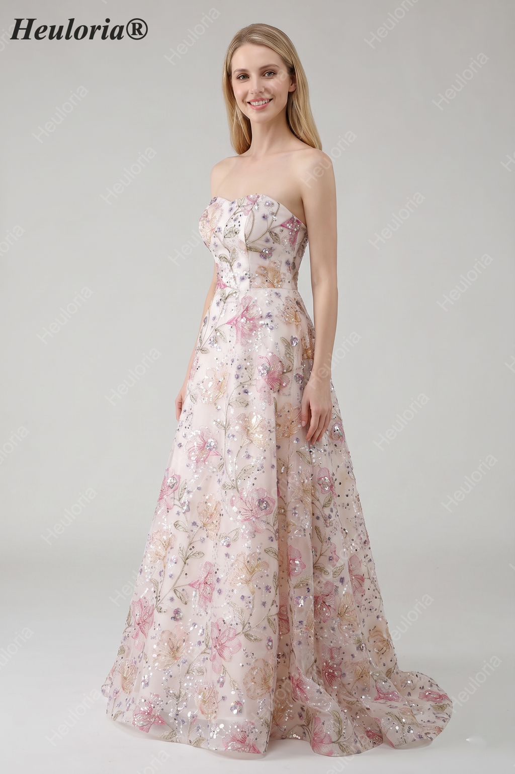 HEULORIA Enchanting Strapless Floral Embroidery Sequined A-Line Evening Gown - Romantic Prom & Wedding Guest Dress ED-643