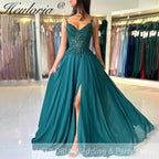 Green Chiffon Evening Dress Women Elegant Applique Suspenders Deep V-neck Backless Bridal Formal Long Ball Gowns Pageant Dress