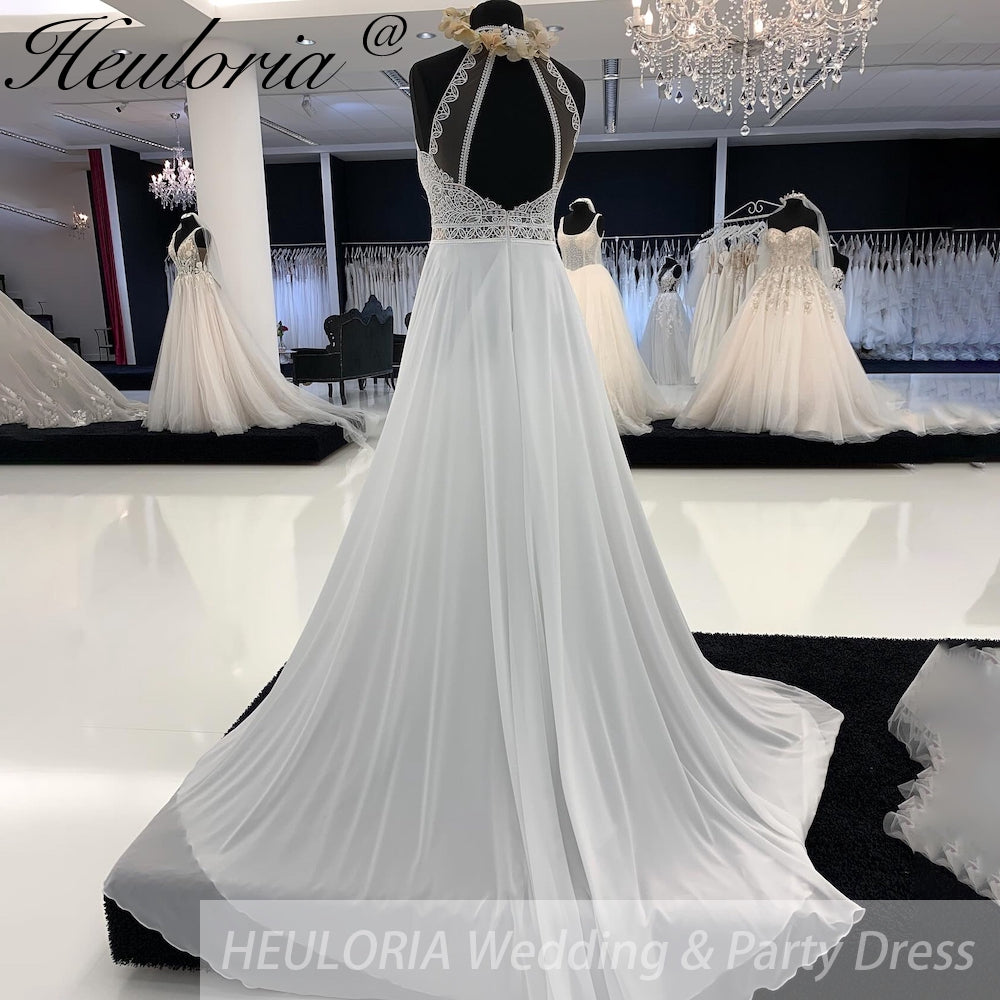 HEULORIA A Line Chiffon Beach Wedding Dress for Women Vestidos de Novia Customized Bridal Long Boho Dresses Lace Bodice AL-930