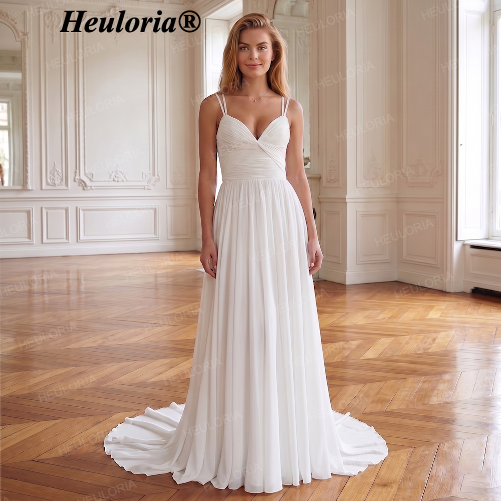 HEULORIA Heuloria Minimalist Spaghetti Strap Chiffon A-Line Wedding Dress with Criss-Cross Back AL-QK202