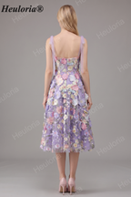 HEULORIA Enchanting Lavender 3D Floral Appliqué Tea-Length Prom Dress with Tulle Bow Straps ED-682