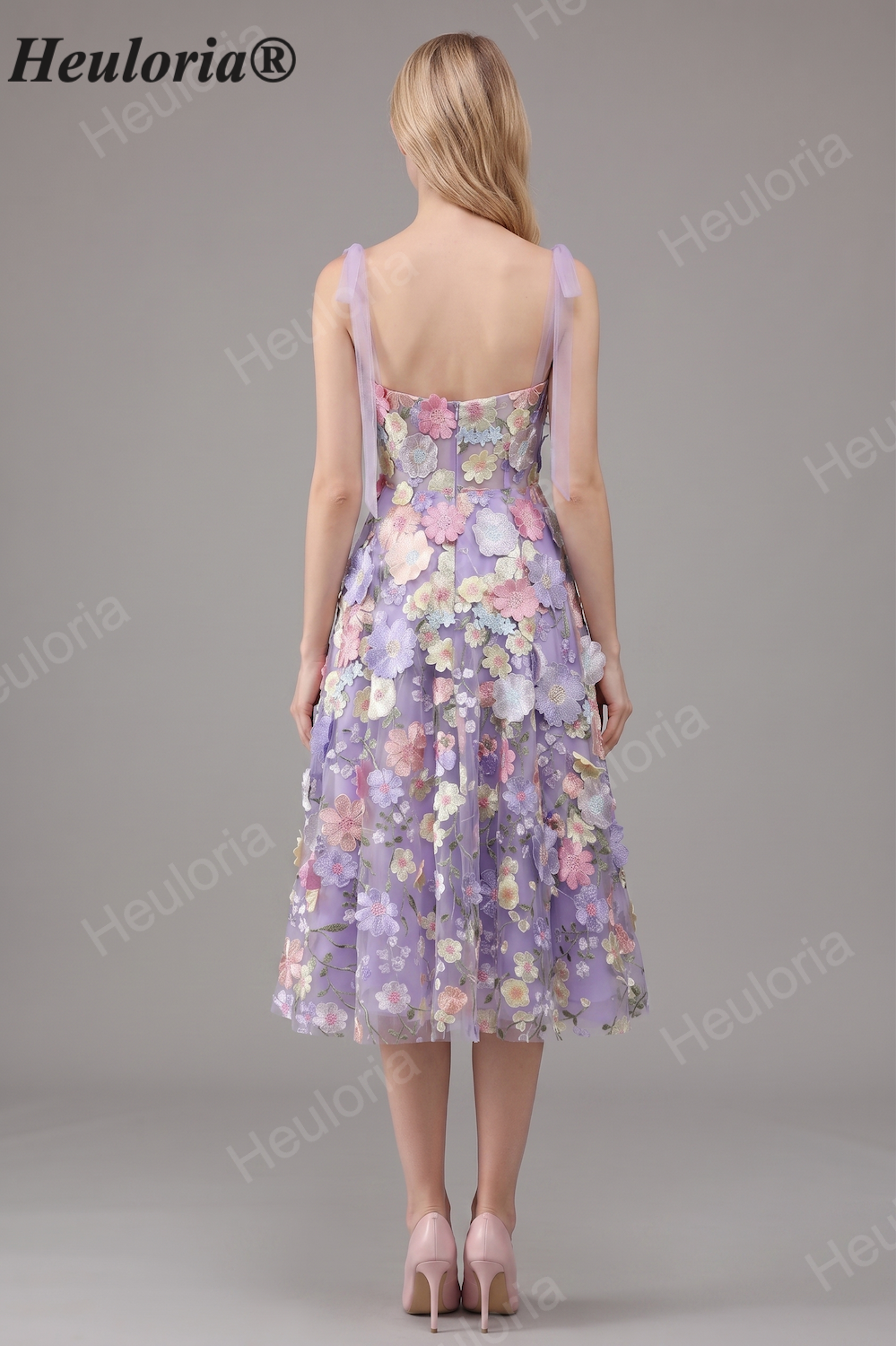HEULORIA Enchanting Lavender 3D Floral Appliqué Tea-Length Prom Dress with Tulle Bow Straps ED-682