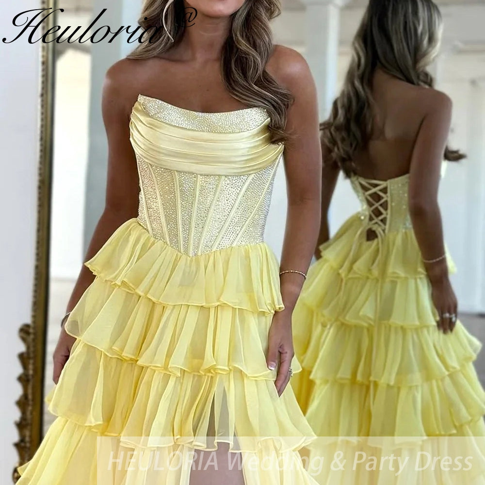 Sexy Strapless evening dress Chiffon Blue Tiered Ruffles with Slit Crystal A-Line Lace-upParty Gowns Customized