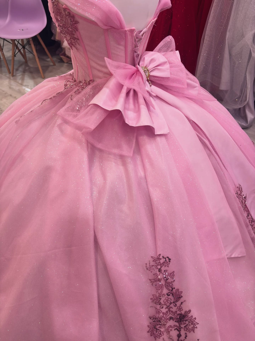 Pink Glitter Tulle Ball Gown Quinceañera Dress with Off Shoulder Sweetheart Neckline and Beaded Appliques BA-