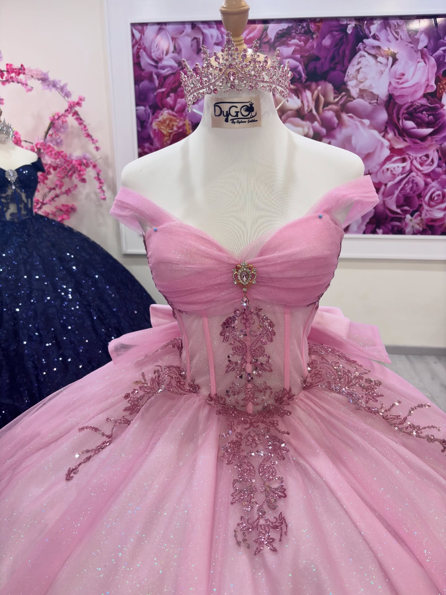 Pink Glitter Tulle Ball Gown Quinceañera Dress with Off Shoulder Sweetheart Neckline and Beaded Appliques BA-