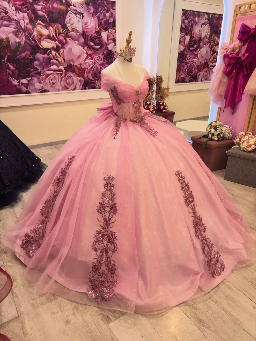 Pink Glitter Tulle Ball Gown Quinceañera Dress with Off Shoulder Sweetheart Neckline and Beaded Appliques BA-