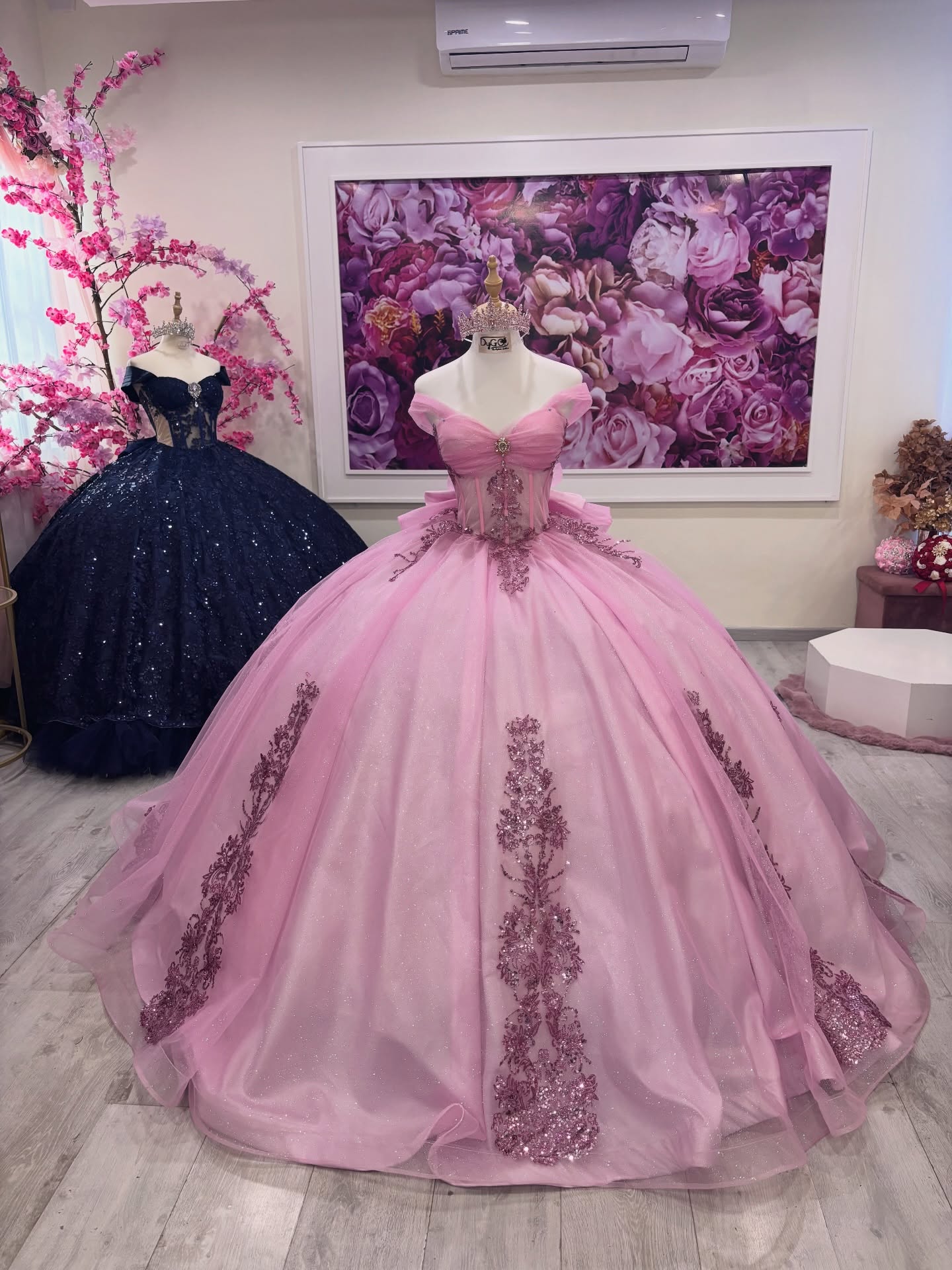 Pink Glitter Tulle Ball Gown Quinceañera Dress with Off Shoulder Sweetheart Neckline and Beaded Appliques BA- Main image