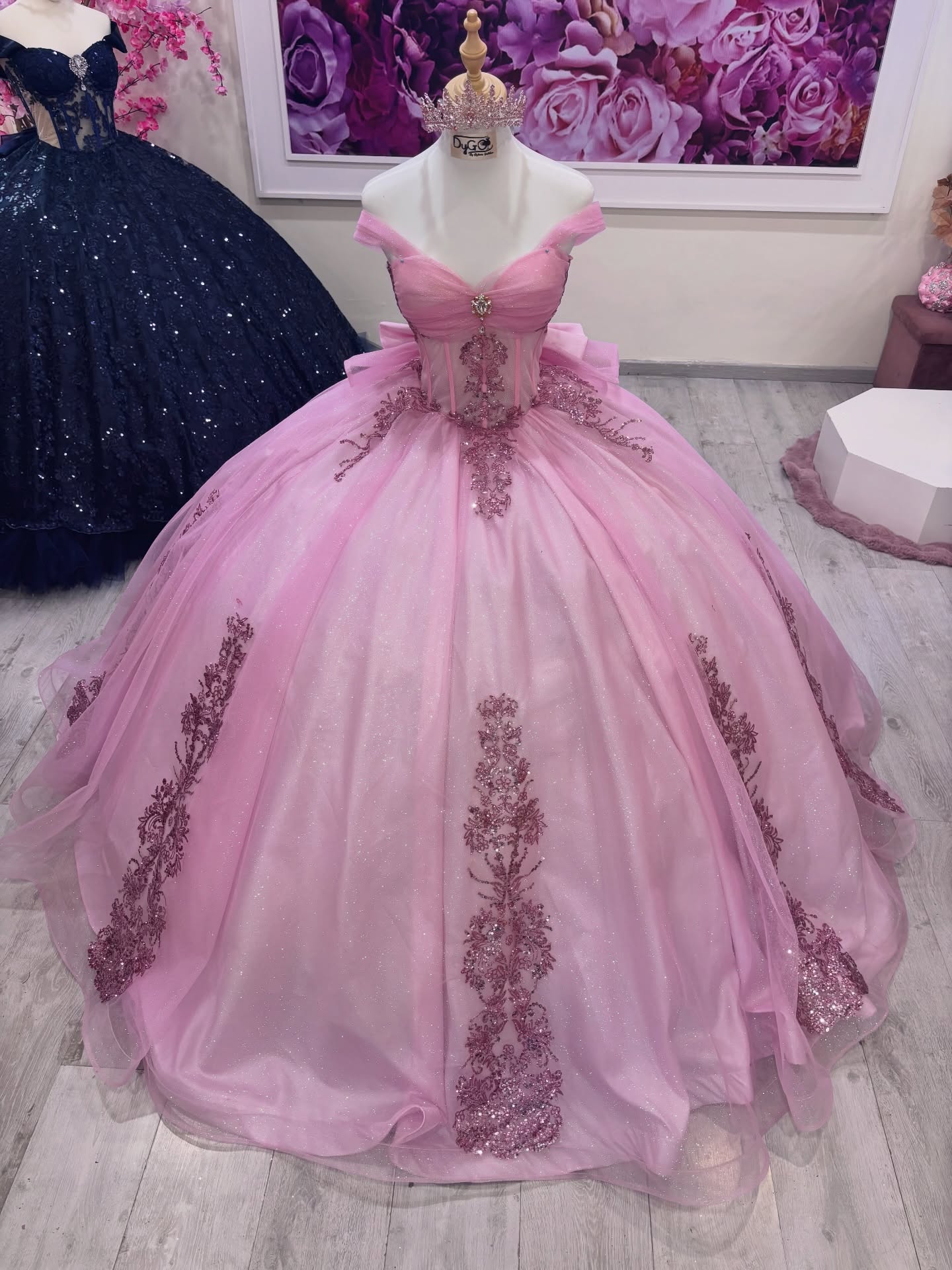 Pink Glitter Tulle Ball Gown Quinceañera Dress with Off Shoulder Sweetheart Neckline and Beaded Appliques BA- Secondary image
