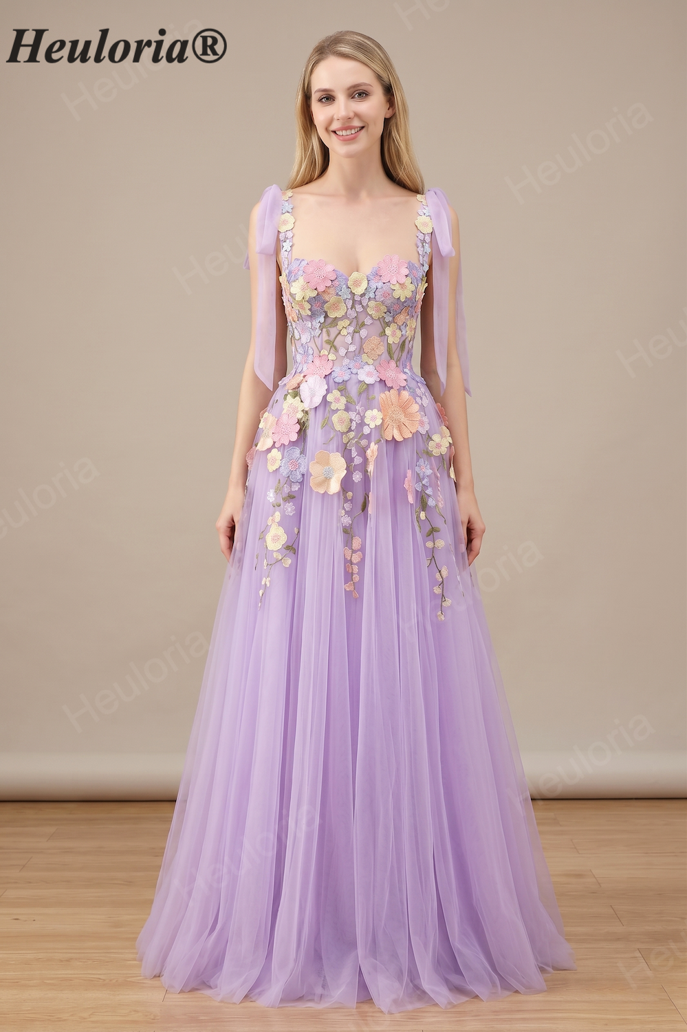 HEULORIA Whimsical 3D Floral Appliqué A-Line Prom Dress with Fairy Tie-Straps ED-444 Imagen principal del producto