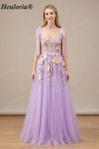 HEULORIA Whimsical 3D Floral Appliqué A-Line Prom Dress with Fairy Tie-Straps ED-444