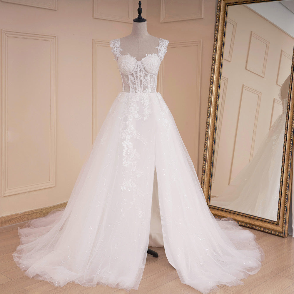 Lace Split Boho A-Line Wedding Dress with Sparkle