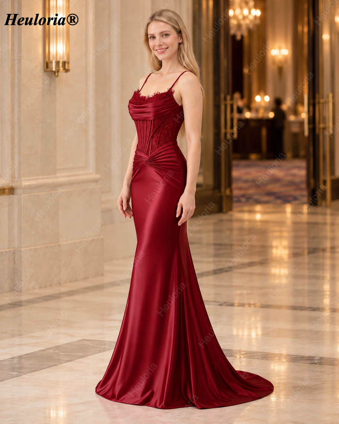 HEULORIA Burgundy Satin Mermaid Evening Dress with Draped Cowl Neck and Lace-Up Corset Back ED-578