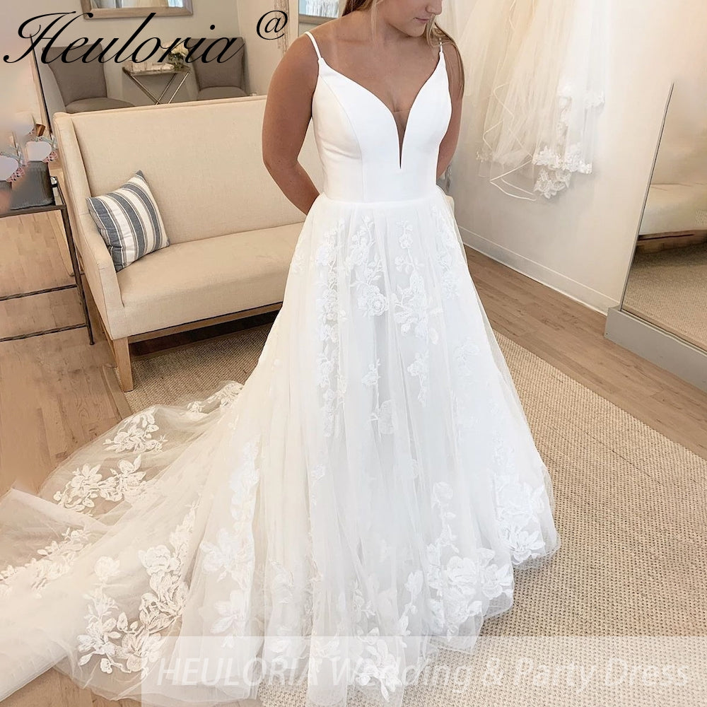 HEULORIA Spaghetti Straps a line Wedding Dresses floral lace Bridal dress Customized AL-963