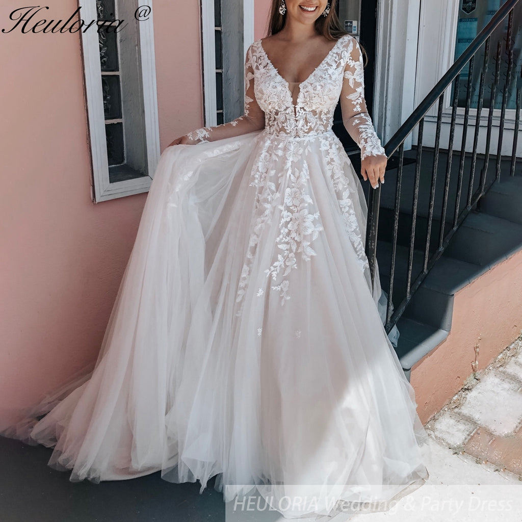 HEULORIA A line Wedding Dress long sleeve lace bride dress plus size robe de mariee  A line Wedding Bridal Gown AL-463