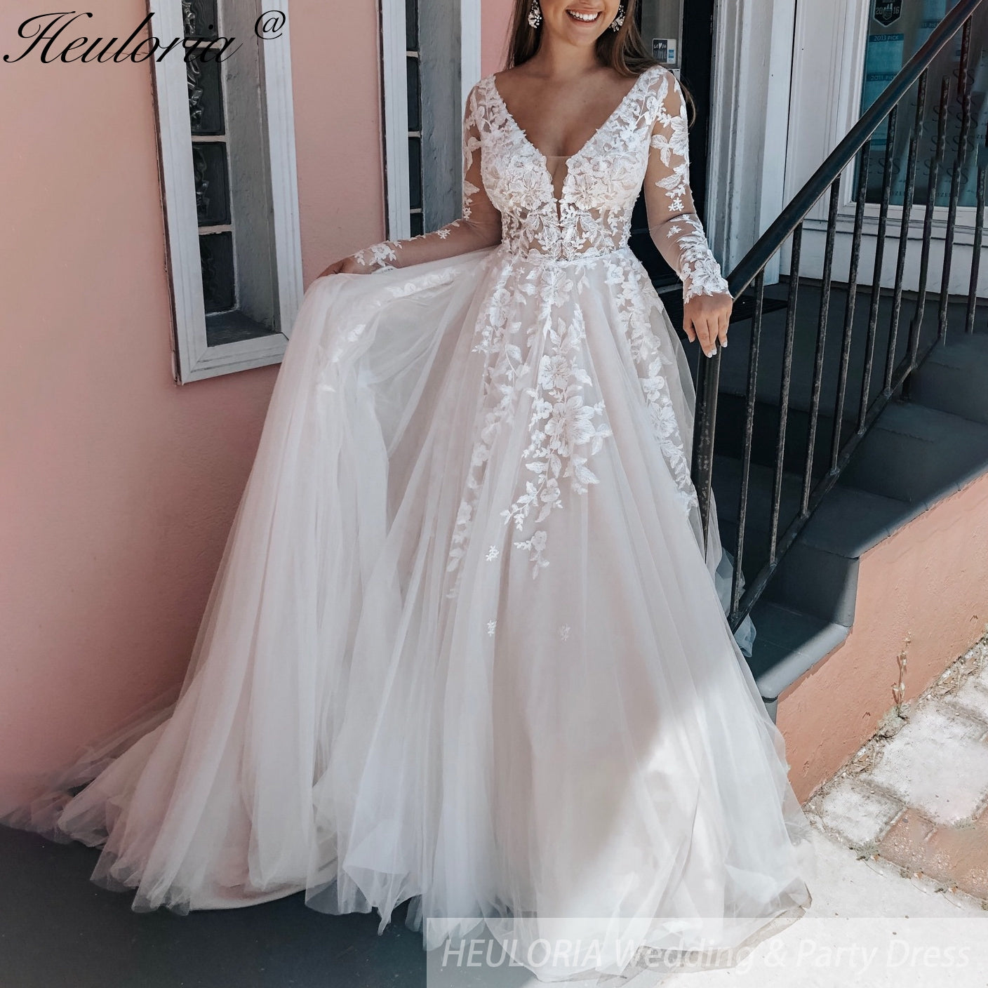 HEULORIA A line Wedding Dress long sleeve lace bride dress plus size robe de mariee  A line Wedding Bridal Gown AL-463