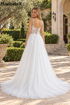 3D Floral Lace Deep V A-Line Wedding Dress with Spaghetti Straps and Slit AL-1077