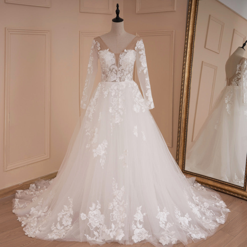 HEULORIA elegant wedding dress A line long sleeve bridal dress Robe De Mariee lace applique Wedding Bride Dress AL-554