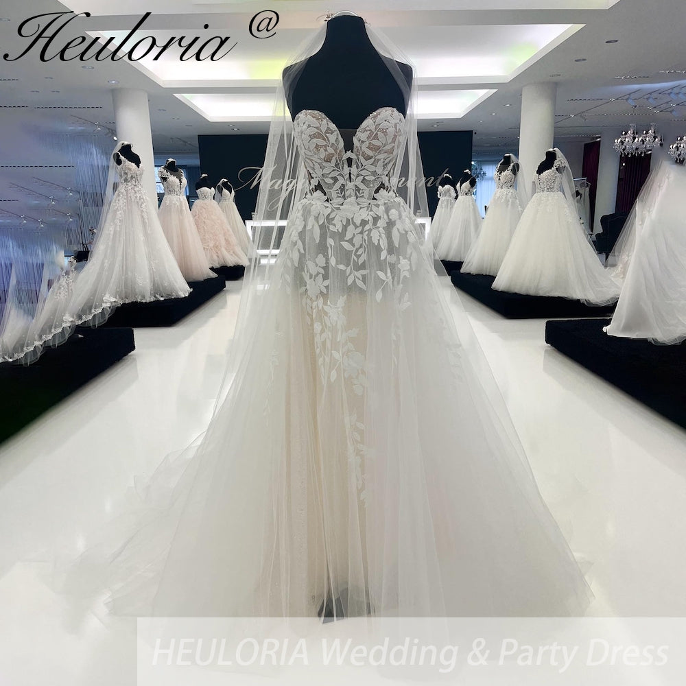 HEULORIA Sparkly Boho A line Wedding dress strapless beading lace Bridal dress Customized AL-941 Main image