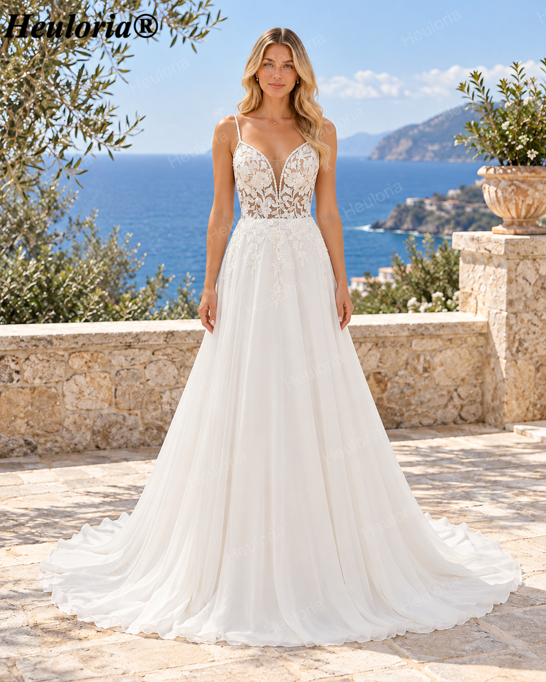 Deep V Lace Chiffon Spaghetti Strap A-Line Wedding Dress AL-997