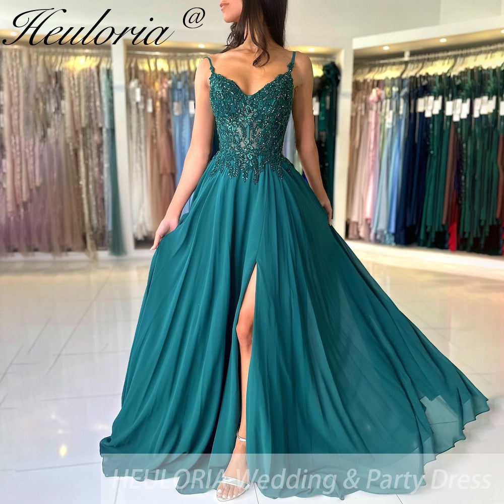 Green Chiffon Evening Dress Women Elegant Applique Suspenders Deep V-neck Backless Bridal Formal Long Ball Gowns Pageant Dress
