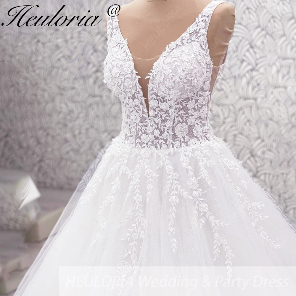 HEULORIA V Neck Sleeveless A line Wedding Dress Boho Lace Appliques Tulle Long Bridal Gowns Backless Vestidos de Novia Customized AL-1023