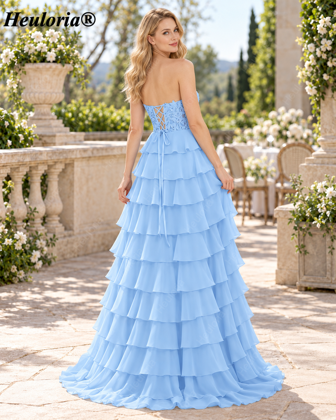 HEULORIA Lavender Strapless Lace Corset Tiered Chiffon A-Line Prom Dress – ED-235