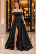 HEULORIA Blush Pink Off-the-Shoulder Belted Satin A-Line Evening Dress with High Slit – ED-25