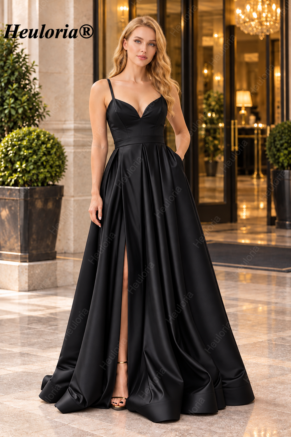 HEULORIA Royal Blue Sweetheart Satin A-Line Prom Dress with High Slit ED-23