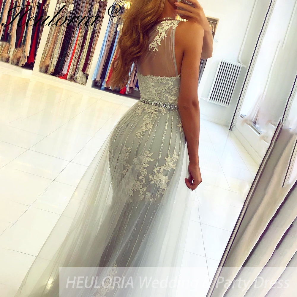 Customized Mermaid Prom Dress one shoulder lace Evening Dress Detachable Tulle Train Formal Party Gowns