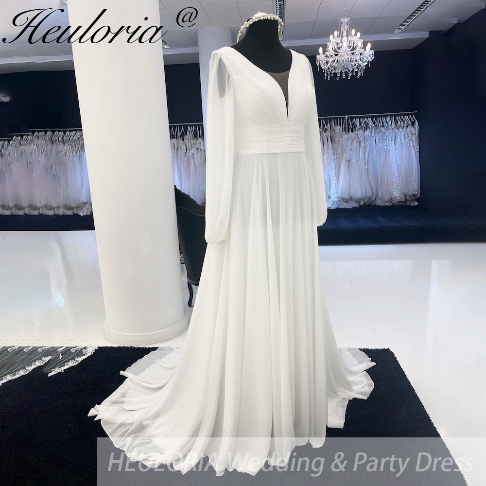 HEULORIA Plus Size Long Sleeve Chiffon Beach Wedding Dresses  Summer Women Boho Bridal Gowns robe de mariée grande taille AL-959