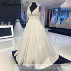 HEULORIA Satin V Neck A Line Wedding Dress Simple Lace Bodices Bridal Gown robe soirée mariage AL-920