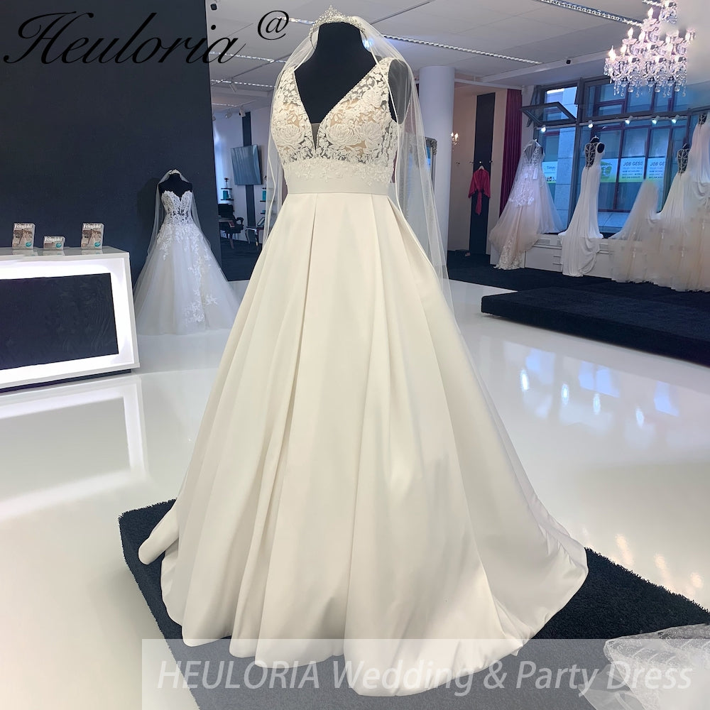 HEULORIA Satin V Neck A Line Wedding Dress Simple Lace Bodices Bridal Gown robe soirée mariage AL-920