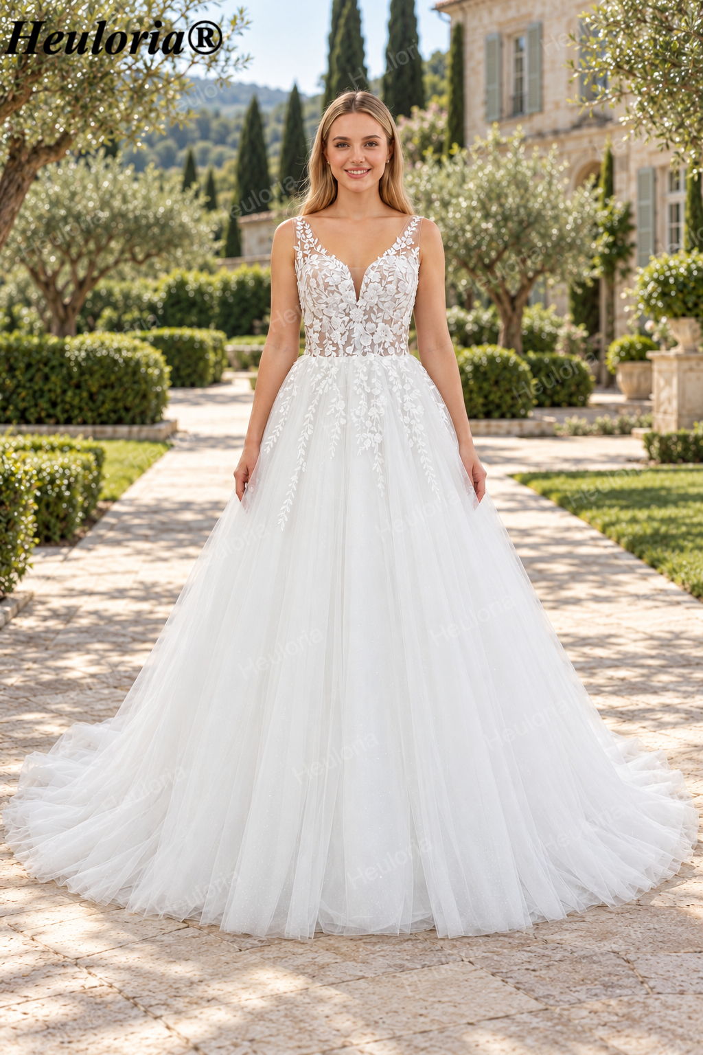 Sparkling Floral Lace Deep V A-Line Wedding Dress with Lace-Up Back AL-1087 Imagen principal del producto