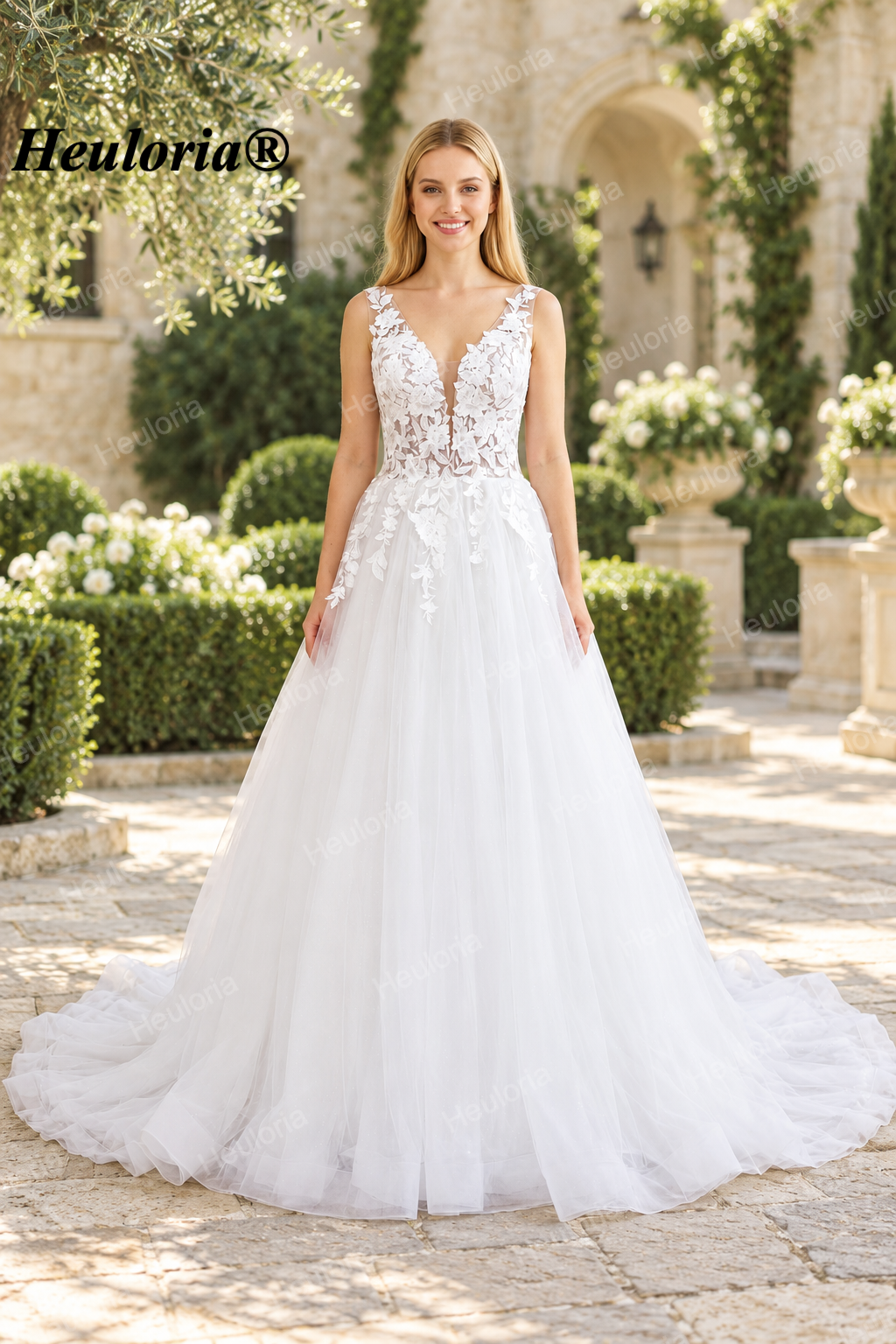 Deep V Beaded Glitter Lace Spaghetti Strap A-Line Wedding Dress AL-1038 Imagen principal del producto
