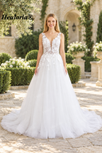 Deep V Beaded Glitter Lace Spaghetti Strap A-Line Wedding Dress AL-1038