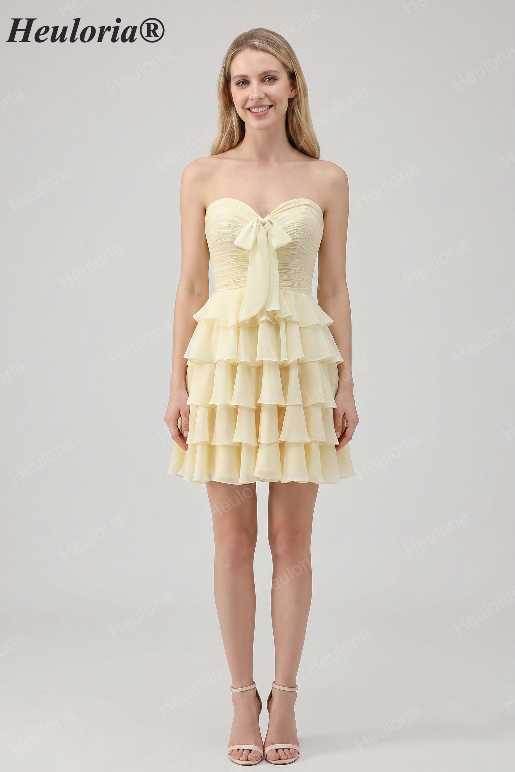 HEULORIA Light Yellow Strapless Tiered Ruched A Line Short Homecoming Dress ED-319 Immagine secondaria del prodotto