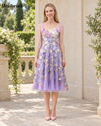 HEULORIA Lavender 3D Floral Appliqué Tea-Length A-Line Dress with Tie Straps ED-682