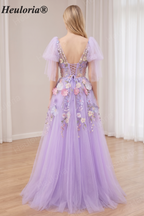 HEULORIA Whimsical Lavender 3D Floral Applique Prom Dress - V-Neck A-Line Tulle Evening Gown with Ruffle Sleeves and Corset Back ED-446