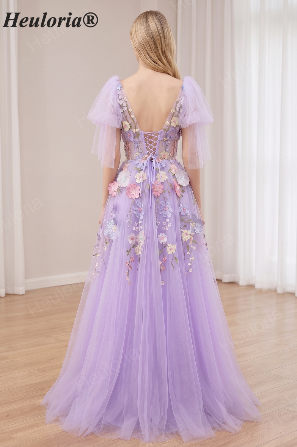 HEULORIA Whimsical Lavender 3D Floral Applique Prom Dress - V-Neck A-Line Tulle Evening Gown with Ruffle Sleeves and Corset Back ED-446