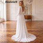 HEULORIA Elegant French V-Neck Chiffon Wedding Dress with Puff Sleeves and High Slit AL-QK213